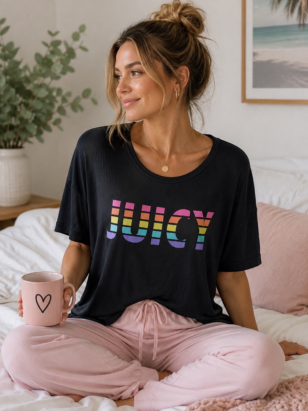 Juicy Couture Womens Sleep Top Lounge Shirt Black Rainbow Logo Ribbed Size L